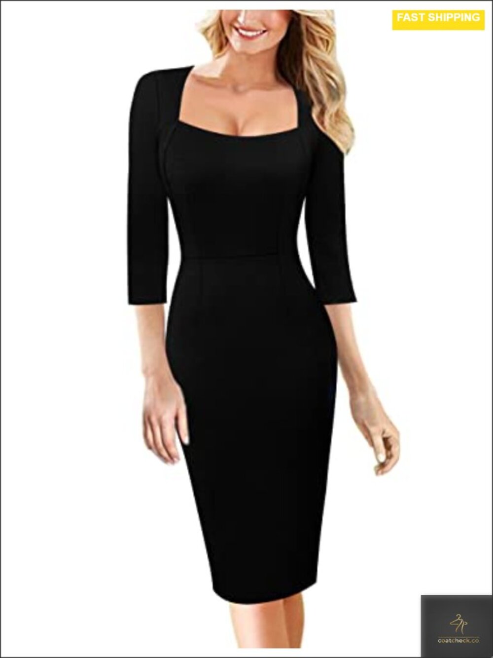 Vintage Square Neck 3/4 Sleeve Bodycon Sheath Dress Work Office Business Casual